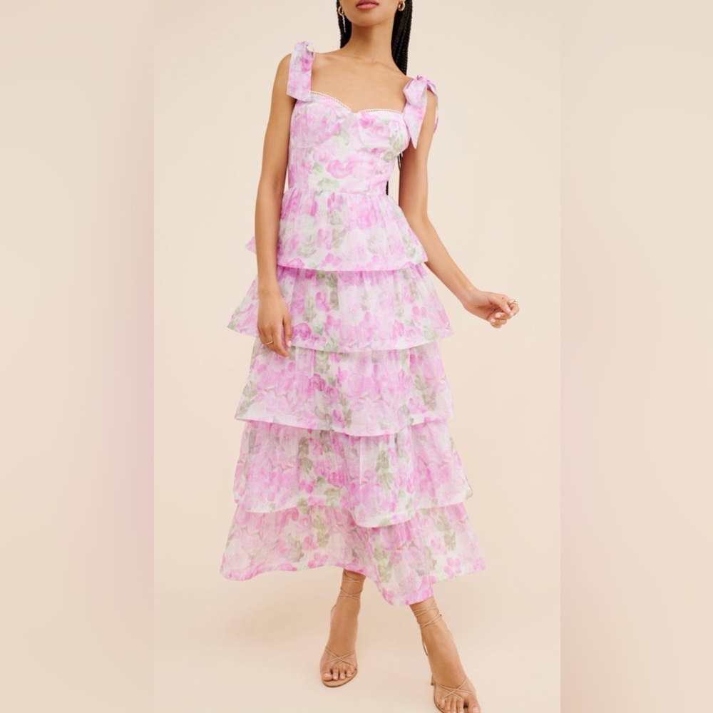 ASTR the Label- Tiered Pink Floral Midi Dress with Bow Straps-XS